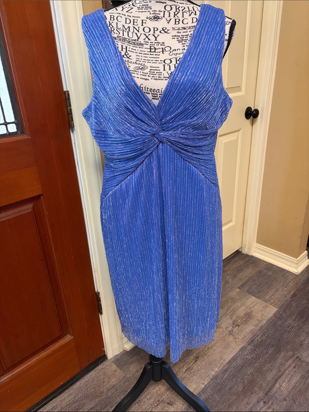 Sleeveless Blue Metallic Twist-Front Midi Dress